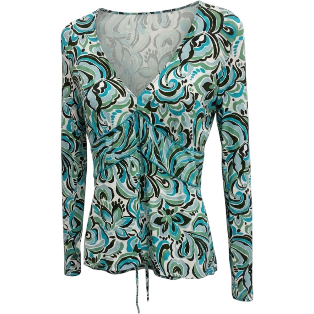 Y2K‎ VTG New York & Company Babydoll Top Womens Medium Blue Paisley Long Sleeve